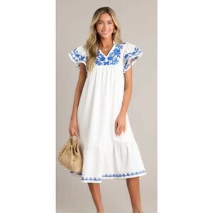 THML Harmonic Bliss Embroidered Midi Dress Ivory Size Small